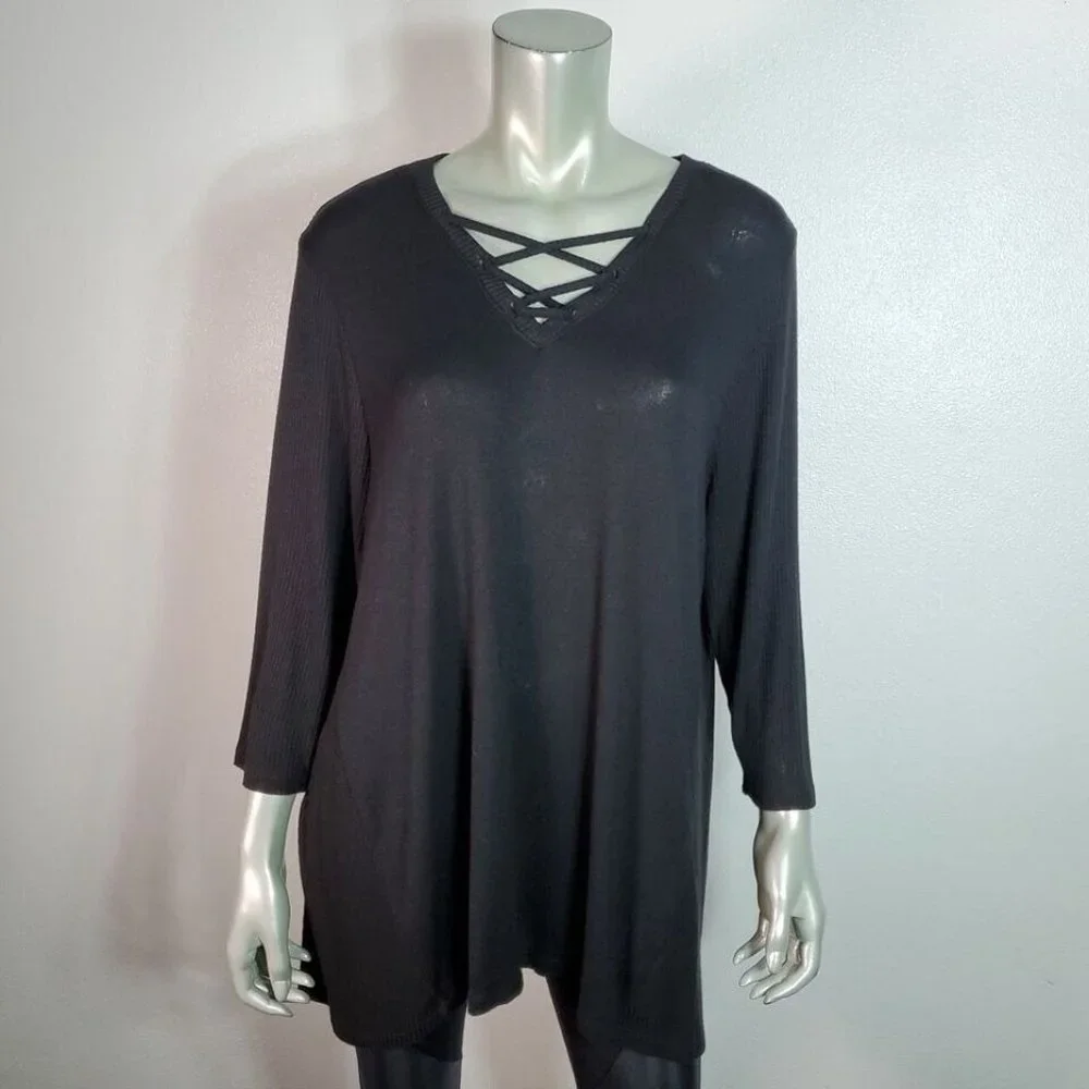 Lane Bryant Top Plus Size 18/20 Ribbed Stretch Long Sleeve Casual Pullover Black